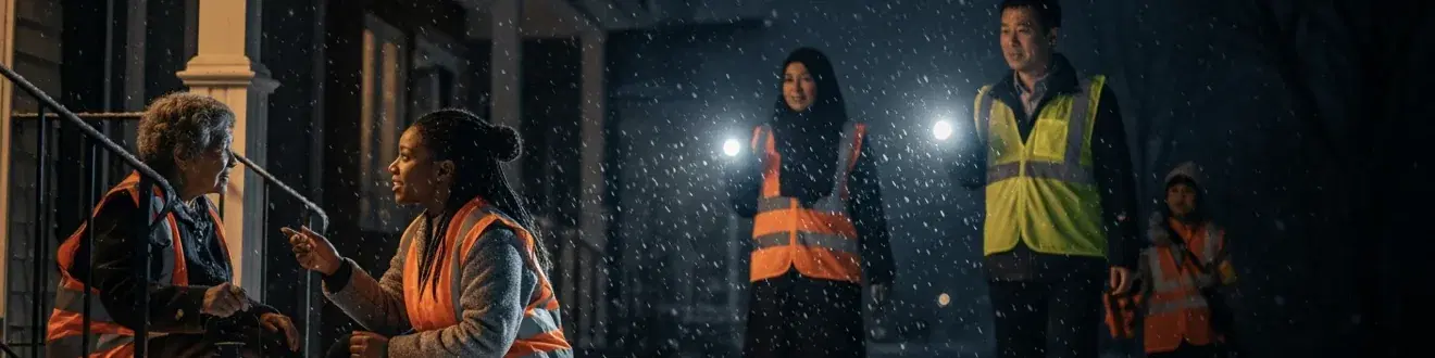 A responder in a high-visibility vest crouched on a snowy front step, talking with an older woman wrapped in a coat and vest, while three more responders with torches work their way along the street behind them