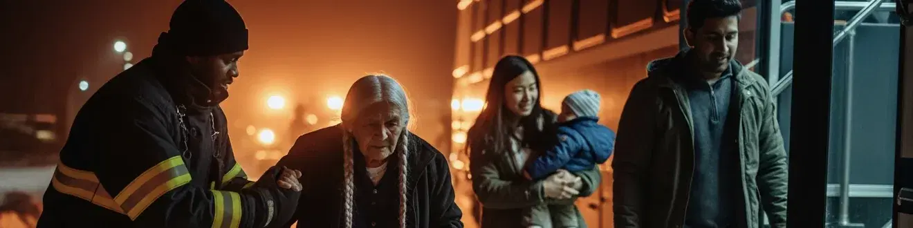 A firefighter walking an elderly woman with long white braids away from a building at night, a woman carrying a small child and a man following behind them toward a waiting bus