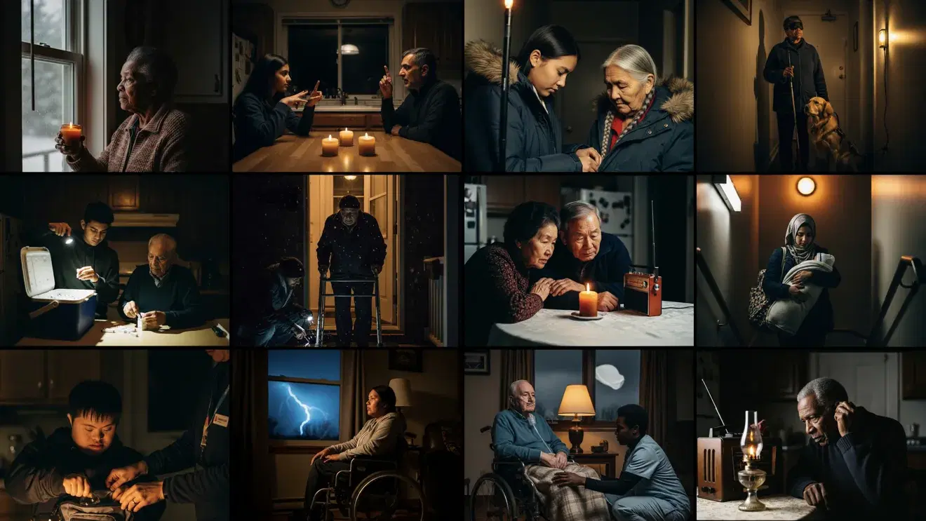 Twelve households through a night-time emergency: an older woman holding a candle at a window, two people signing to each other by candlelight, a young woman fastening an elder's coat, a man with a guide dog at his door, insulin being checked by flashlight in a cooler, a man with a walker met at his step by a responder, a couple listening to a battery radio, a woman carrying bedding down a stairwell, a young man packing a go-bag, a woman in a wheelchair watching a storm warning, a man on oxygen with a care worker, and a man on the phone by an oil lamp